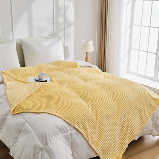 Light Yellow Fleece Throw Blanket, 300GSM Soft Warm Cozy Fluffy Throw for Babys & Pets, Stripe Pattern 50"x40", All Season Sofa Bed Blanket for Home Decor