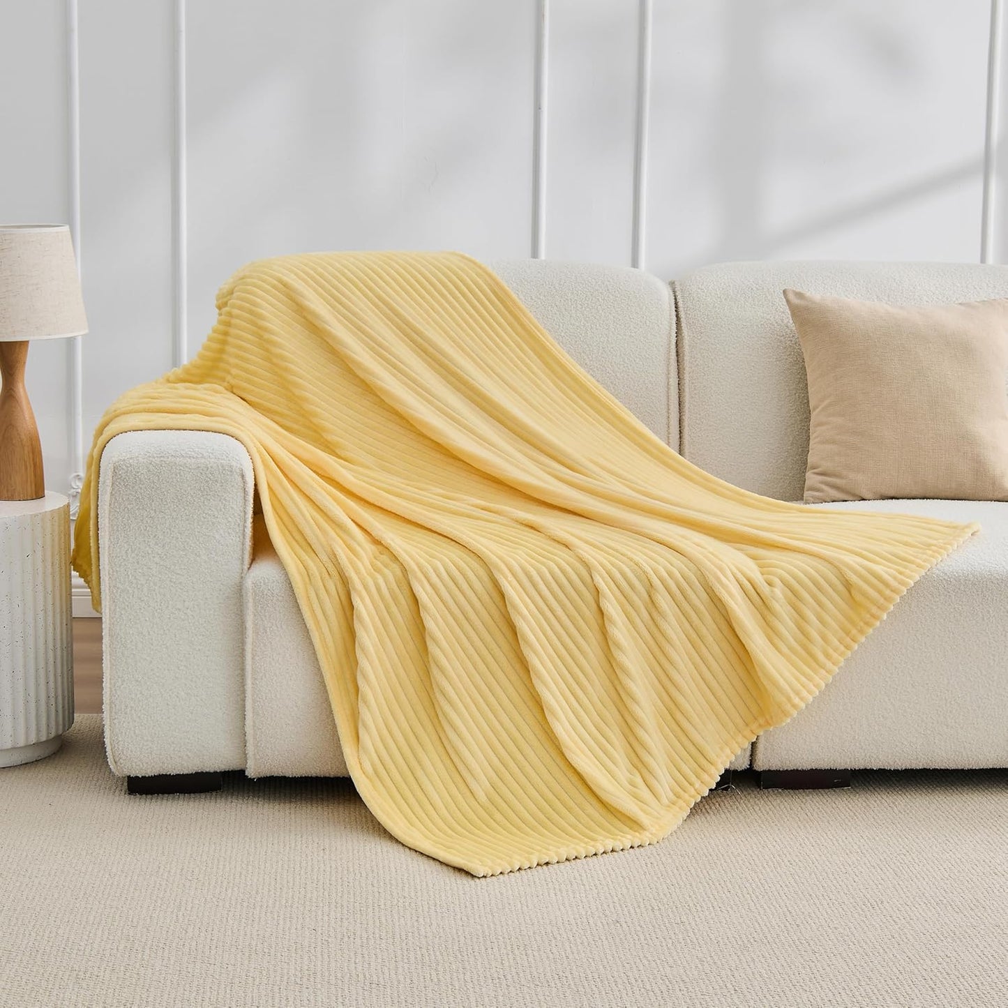 Light Yellow Fleece Throw Blanket, 300GSM Soft Warm Cozy Fluffy Throw for Babys & Pets, Stripe Pattern 50"x40", All Season Sofa Bed Blanket for Home Decor