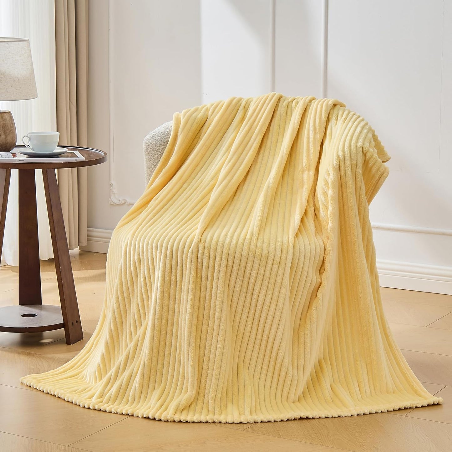 Light Yellow Fleece Throw Blanket, 300GSM Soft Warm Cozy Fluffy Throw for Babys & Pets, Stripe Pattern 50"x40", All Season Sofa Bed Blanket for Home Decor