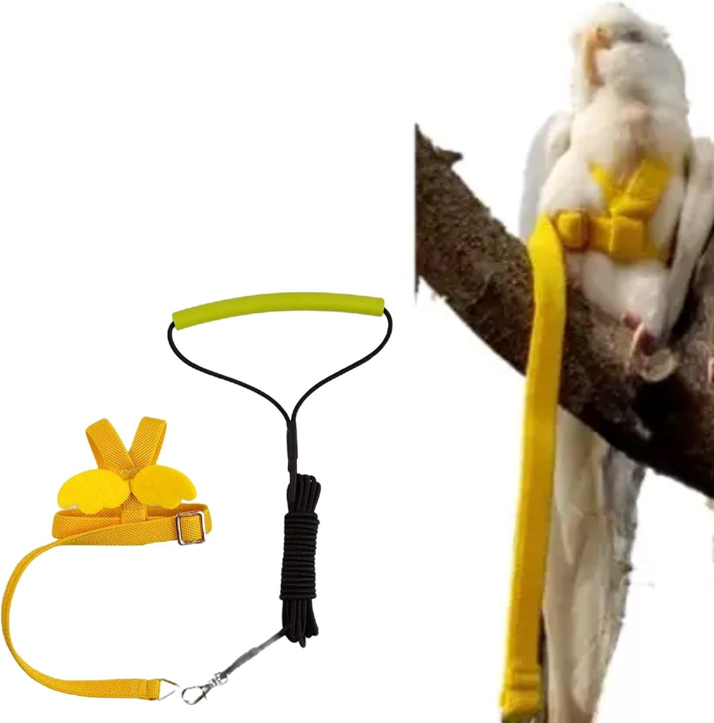 Pet Parrot Bird Harness Leash Adjustable Bird Flying Harness Traction Rope with Cute Wing for Parrots Pigeons Budgerigar Lovebird Cockatiel Mynah Outdoor Training Toy (L, Yellow)
