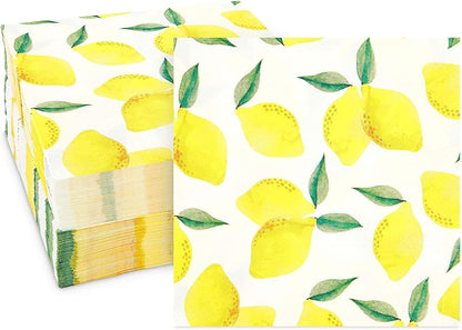 Lemon Cocktail Napkins - 100 Pack 5 x 5 Inch Folded, Yellow, 2-Ply - Disposable Beverage Napkins for Lemonade Party & Summer Cocktail Events
