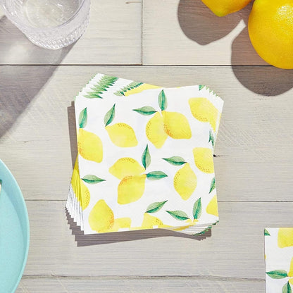 Lemon Cocktail Napkins - 100 Pack 5 x 5 Inch Folded, Yellow, 2-Ply - Disposable Beverage Napkins for Lemonade Party & Summer Cocktail Events