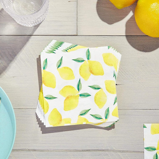 Lemon Cocktail Napkins - 100 Pack 5 x 5 Inch Folded, Yellow, 2-Ply - Disposable Beverage Napkins for Lemonade Party & Summer Cocktail Events