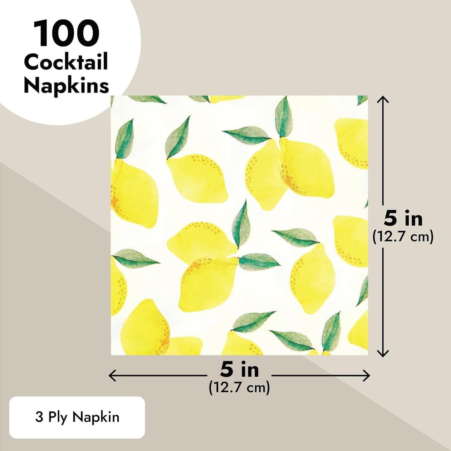 Lemon Cocktail Napkins - 100 Pack 5 x 5 Inch Folded, Yellow, 2-Ply - Disposable Beverage Napkins for Lemonade Party & Summer Cocktail Events