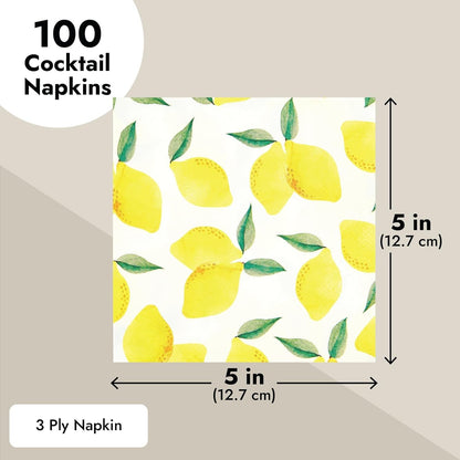 Lemon Cocktail Napkins - 100 Pack 5 x 5 Inch Folded, Yellow, 2-Ply - Disposable Beverage Napkins for Lemonade Party & Summer Cocktail Events