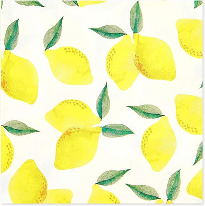 Lemon Cocktail Napkins - 100 Pack 5 x 5 Inch Folded, Yellow, 2-Ply - Disposable Beverage Napkins for Lemonade Party & Summer Cocktail Events