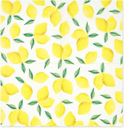 Lemon Cocktail Napkins - 100 Pack 5 x 5 Inch Folded, Yellow, 2-Ply - Disposable Beverage Napkins for Lemonade Party & Summer Cocktail Events