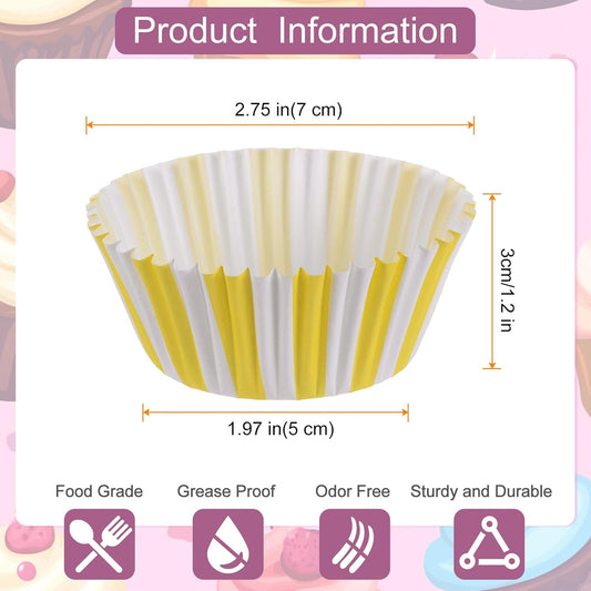 100 Count Cupcake Liners Yellow Stripe Cupcake Cups Standard Size Muffins Liners Papers Baking Cups Wrappers Greaseproof for Party Wedding Birthday