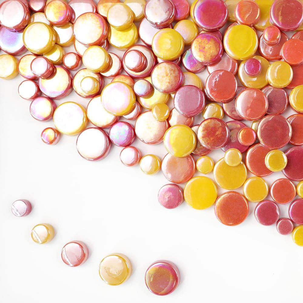 1 LB Penny Round Mosaic Tiles, 10mm ~20mm 5sizes Iridescent Rounds Recycled Glass Tiles Mix for Adults & Kids DIY Mosaic Making Garden Project (Red Orange & Yellow)