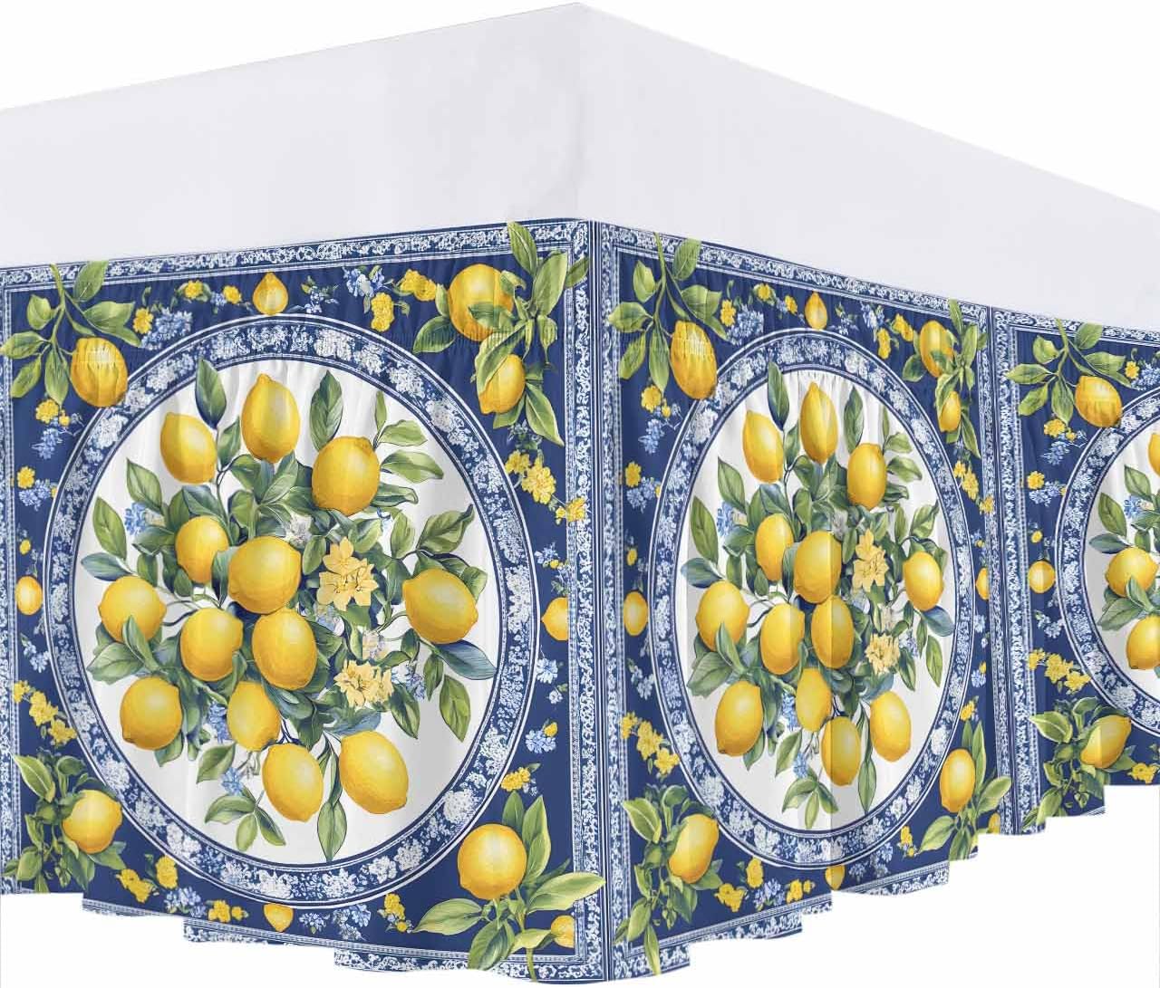 Bed Skirt Yellow Lemons Leaves Summer Blue Texture Ruffle Bed Skirt Wrap Around Bed Skirts for Queen Beds 16" Drop,Adjustable Elastic Dust Ruffles Easy Fit and Wrinkle-Free