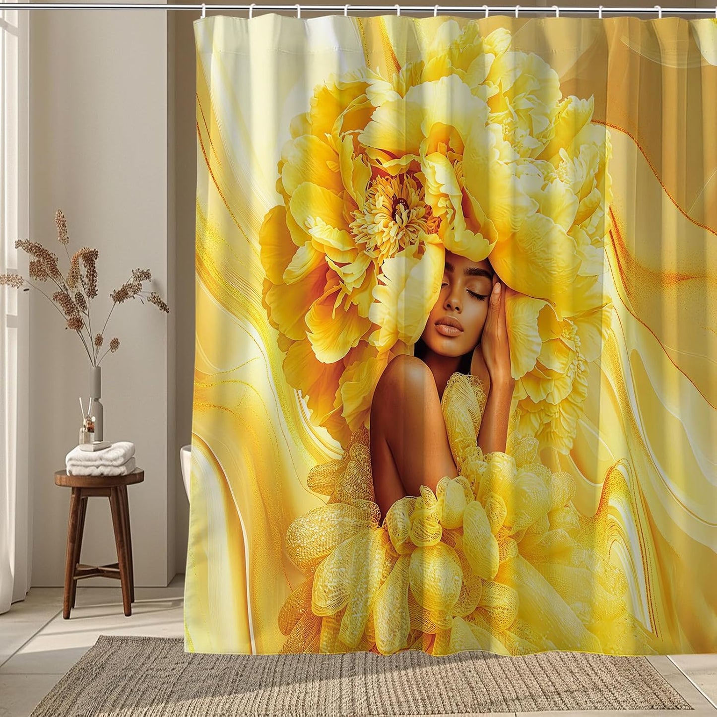 African American Woman Shower Curtain Yellow Marble Black Girl Floral Peony Fabric Shower Curtains for Bathroom Decor 72x72 Inch