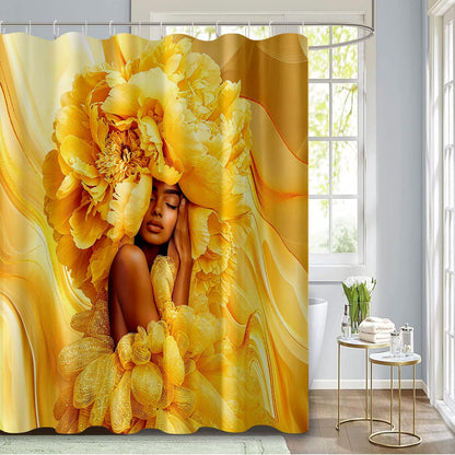 African American Woman Shower Curtain Yellow Marble Black Girl Floral Peony Fabric Shower Curtains for Bathroom Decor 72x72 Inch