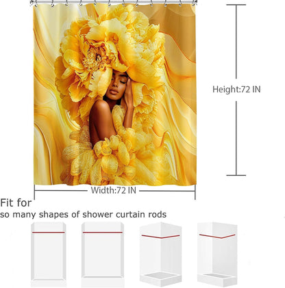 African American Woman Shower Curtain Yellow Marble Black Girl Floral Peony Fabric Shower Curtains for Bathroom Decor 72x72 Inch