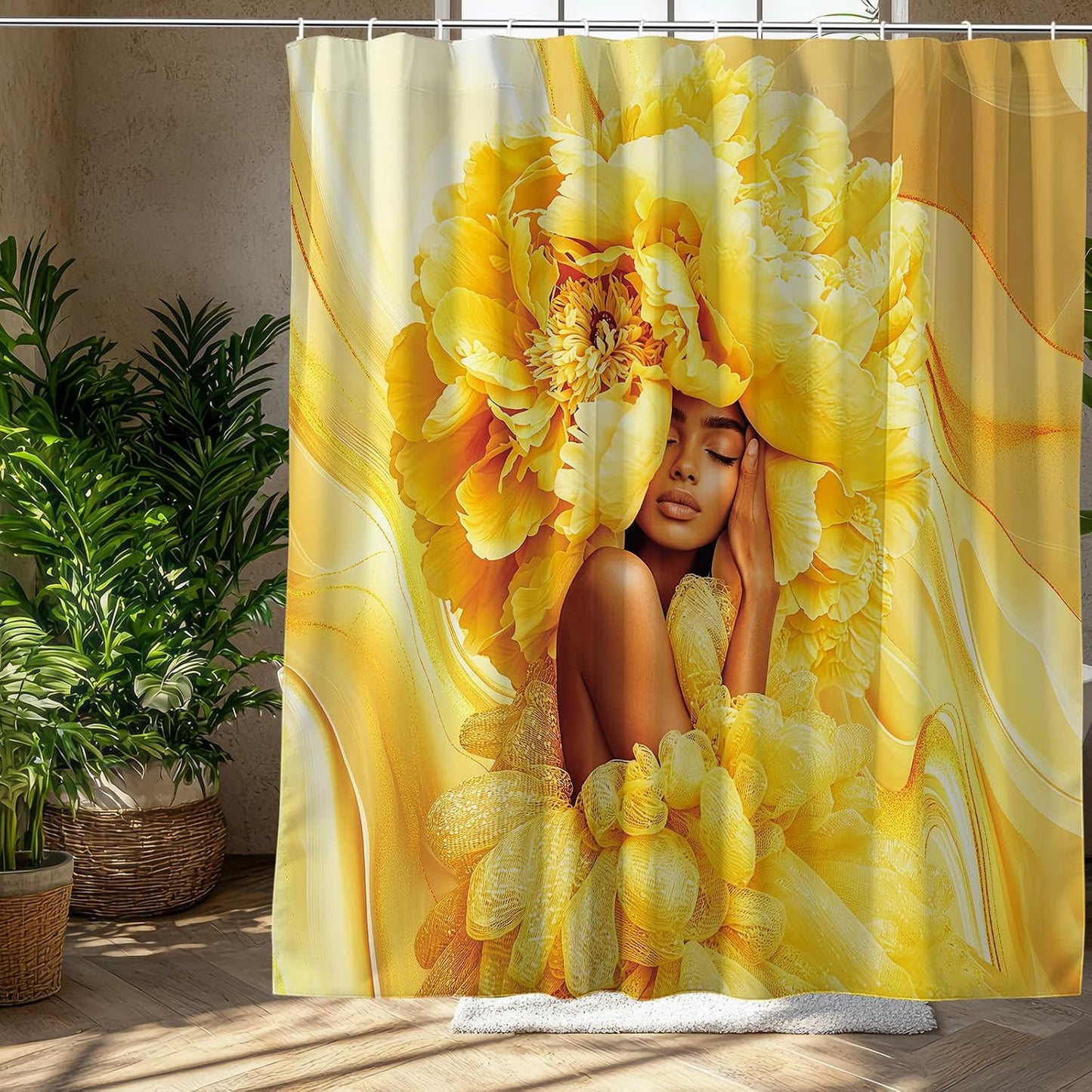 African American Woman Shower Curtain Yellow Marble Black Girl Floral Peony Fabric Shower Curtains for Bathroom Decor 72x72 Inch