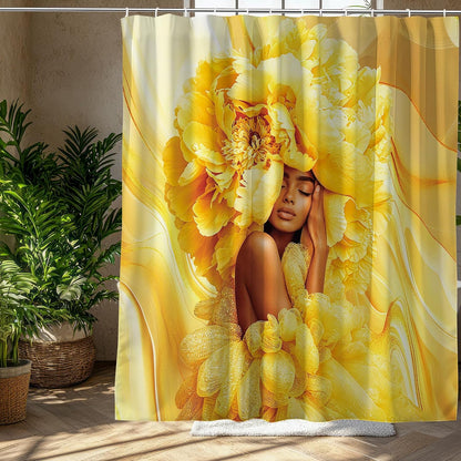 African American Woman Shower Curtain Yellow Marble Black Girl Floral Peony Fabric Shower Curtains for Bathroom Decor 72x72 Inch