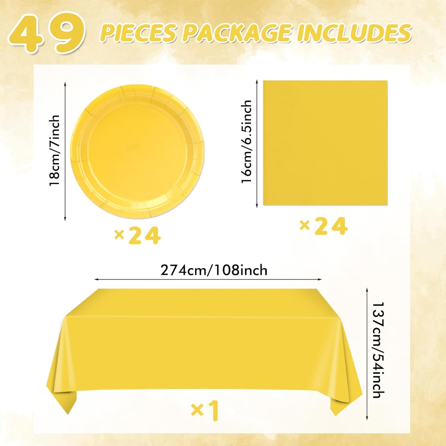 49Pcs Yellow Birthday Party Decorations Yellow Party Supplies Set Include 24 Plates 24 Napkins and 1 Tablecloth, Disposable Yellow Tableware for Birthday Wedding Graduation Baby Showers Party