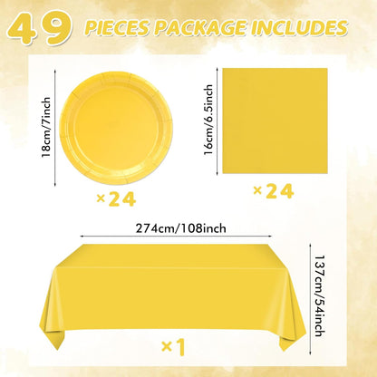 49Pcs Yellow Birthday Party Decorations Yellow Party Supplies Set Include 24 Plates 24 Napkins and 1 Tablecloth, Disposable Yellow Tableware for Birthday Wedding Graduation Baby Showers Party