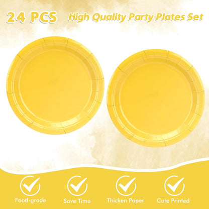 49Pcs Yellow Birthday Party Decorations Yellow Party Supplies Set Include 24 Plates 24 Napkins and 1 Tablecloth, Disposable Yellow Tableware for Birthday Wedding Graduation Baby Showers Party