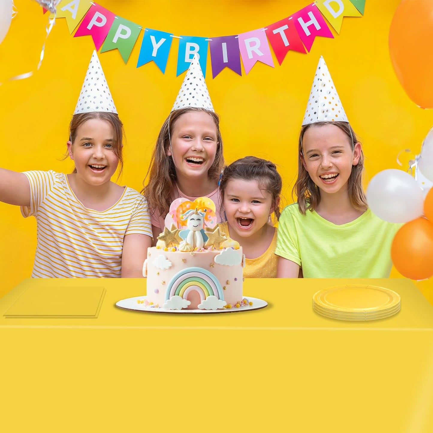 49Pcs Yellow Birthday Party Decorations Yellow Party Supplies Set Include 24 Plates 24 Napkins and 1 Tablecloth, Disposable Yellow Tableware for Birthday Wedding Graduation Baby Showers Party