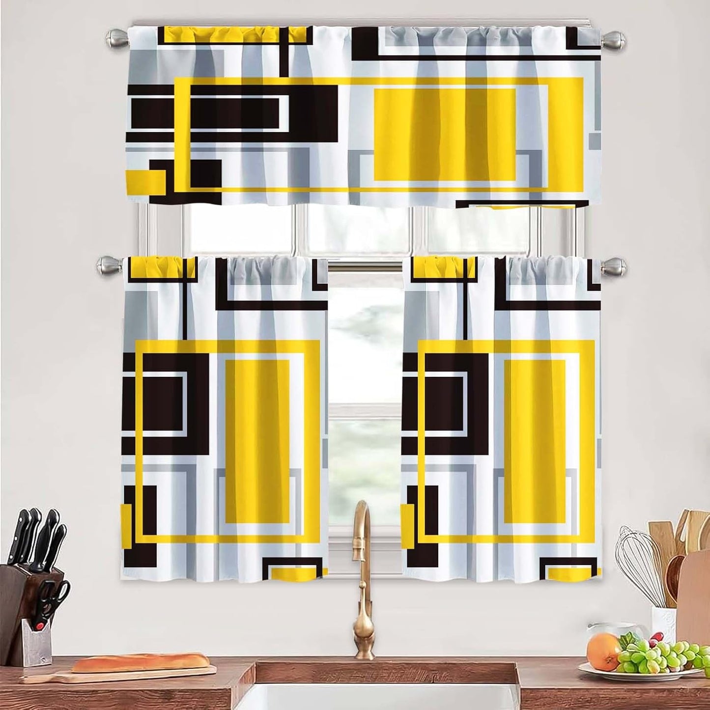 Yellow Kitchen Curtains Tiers and Valances Set for Windows, Grey and Black Kitchen Window Curtains, Gold Geometric Modern Art Valances for Living Room (36" Tiers Set)