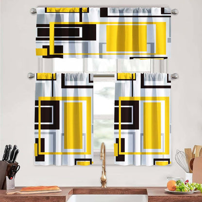 Yellow Kitchen Curtains Tiers and Valances Set for Windows, Grey and Black Kitchen Window Curtains, Gold Geometric Modern Art Valances for Living Room (36" Tiers Set)