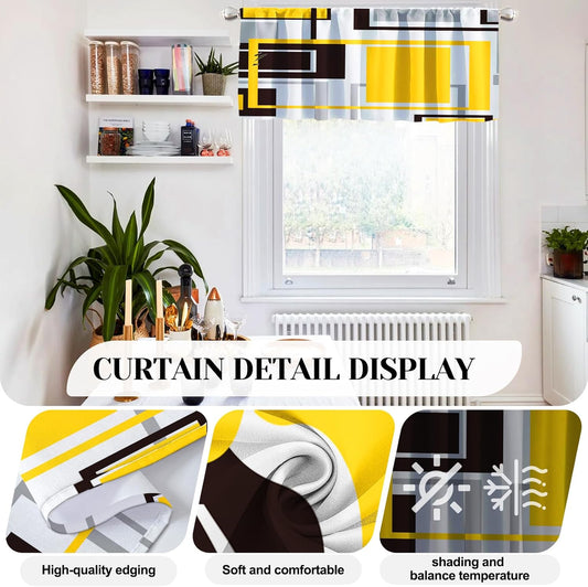 Yellow Kitchen Curtains Tiers and Valances Set for Windows, Grey and Black Kitchen Window Curtains, Gold Geometric Modern Art Valances for Living Room (36" Tiers Set)