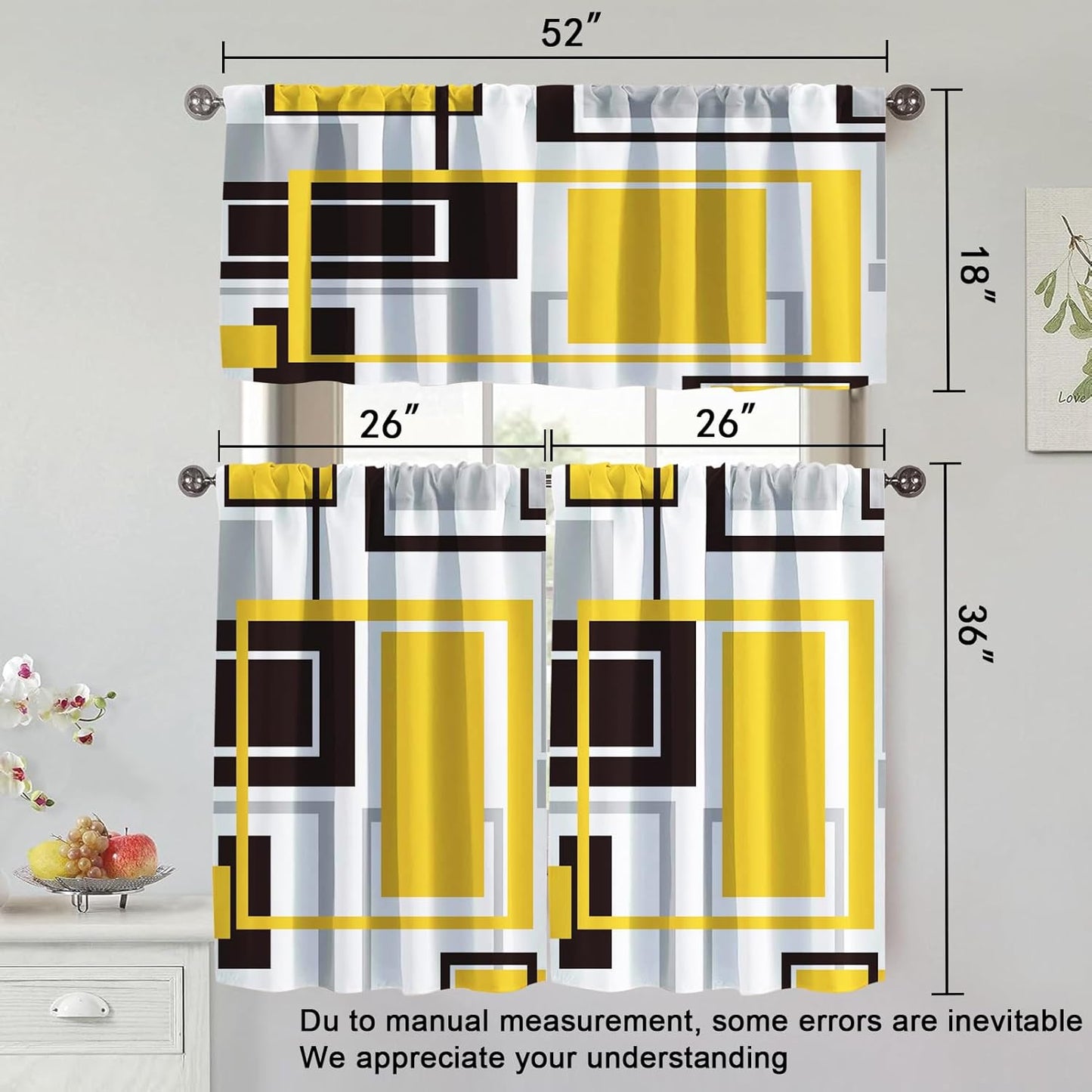 Yellow Kitchen Curtains Tiers and Valances Set for Windows, Grey and Black Kitchen Window Curtains, Gold Geometric Modern Art Valances for Living Room (36" Tiers Set)