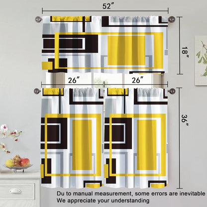 Yellow Kitchen Curtains Tiers and Valances Set for Windows, Grey and Black Kitchen Window Curtains, Gold Geometric Modern Art Valances for Living Room (36" Tiers Set)
