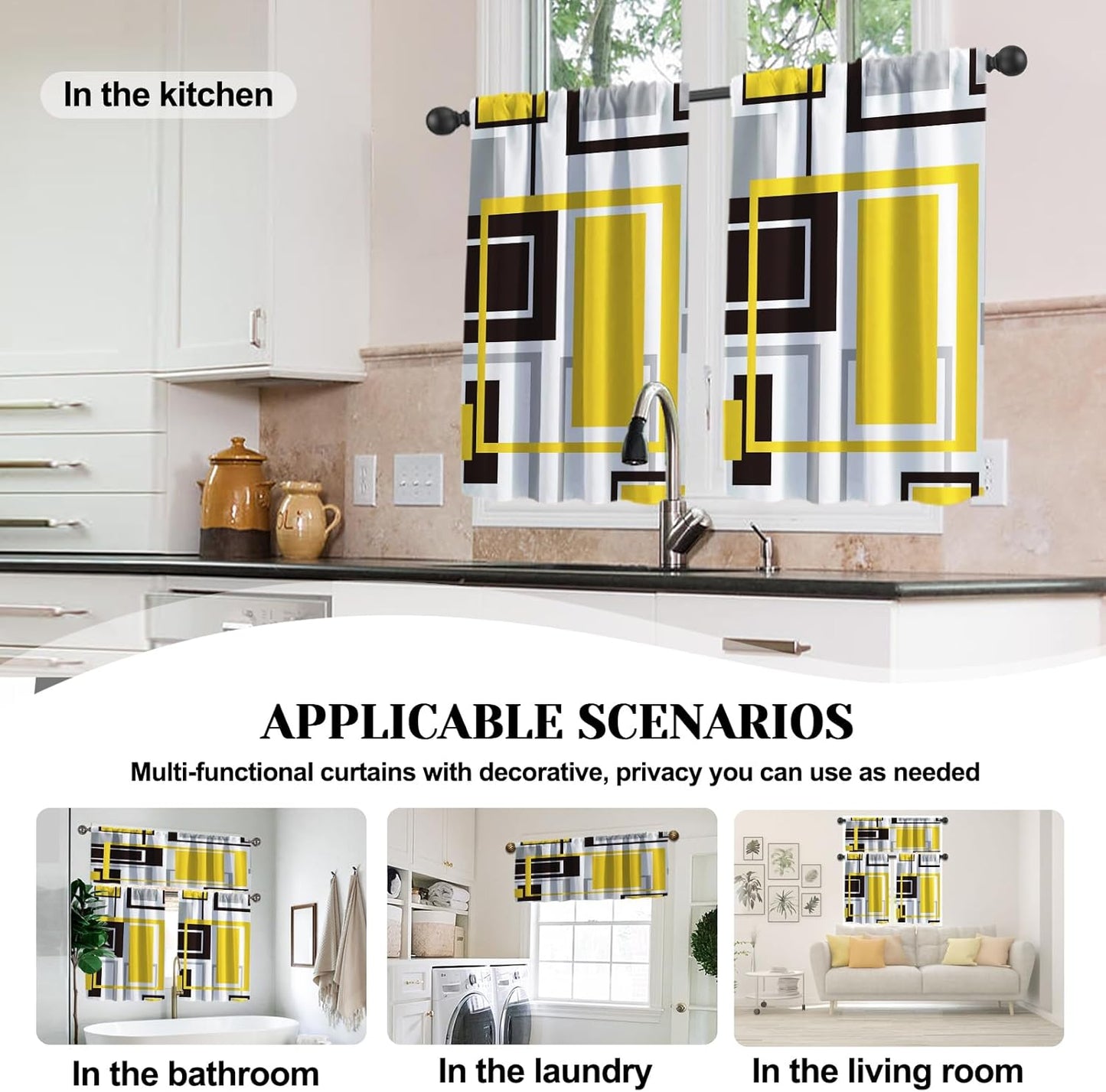 Yellow Kitchen Curtains Tiers and Valances Set for Windows, Grey and Black Kitchen Window Curtains, Gold Geometric Modern Art Valances for Living Room (36" Tiers Set)