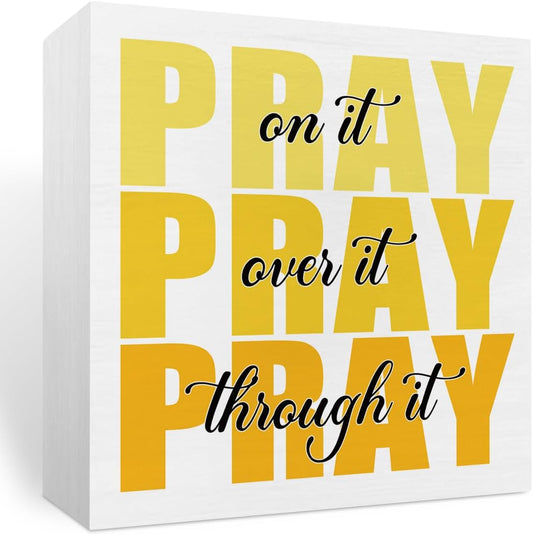 Inspirational Bathroom Room Decor, Christian Bible Desk Decoration, Accessories for Women Office, Dorm Decor Gifts for Women, Wooden Box Sign for Home Bedroom Table Shelf-Pray Through It(yellow)