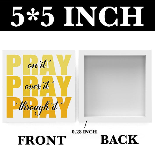 Inspirational Bathroom Room Decor, Christian Bible Desk Decoration, Accessories for Women Office, Dorm Decor Gifts for Women, Wooden Box Sign for Home Bedroom Table Shelf-Pray Through It(yellow)