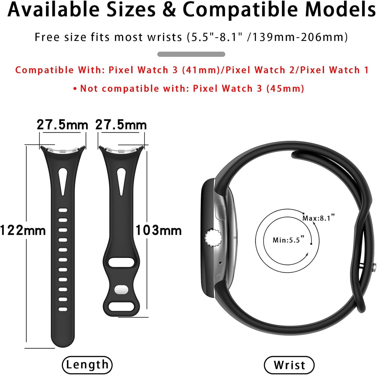 Slim Bands Compatible with Google Pixel Watch 4 3 (41mm)/Pixel Watch 2 1, Adjustable Breathable Soft Silicone Sport Replacement Watch Band Straps Wristbands Bracelet for Google Pixel Watch