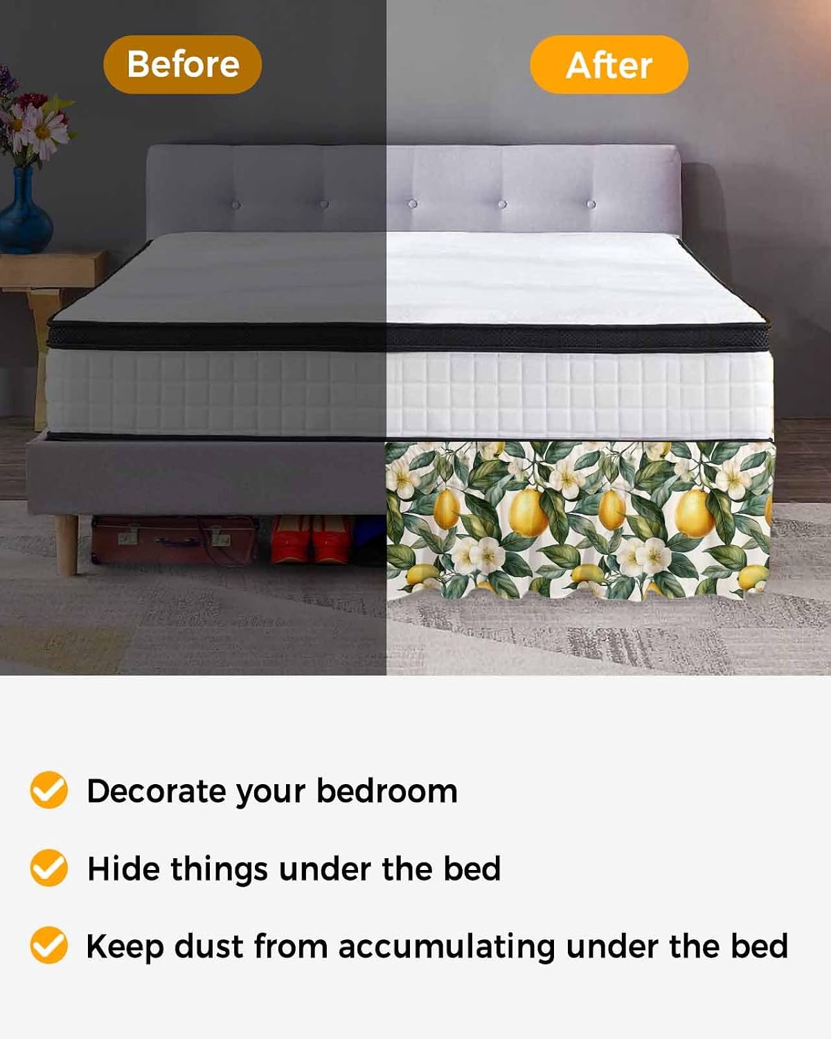 Watercolor Lemon Bed Skirt Queen Size 16 Inch Drop, Adjustable Elastic Wrap Around Bed Skirts Easy Fitting Dust Ruffle Bedskirt Bed Frame Cover Green Yellow Fruit Country Flower