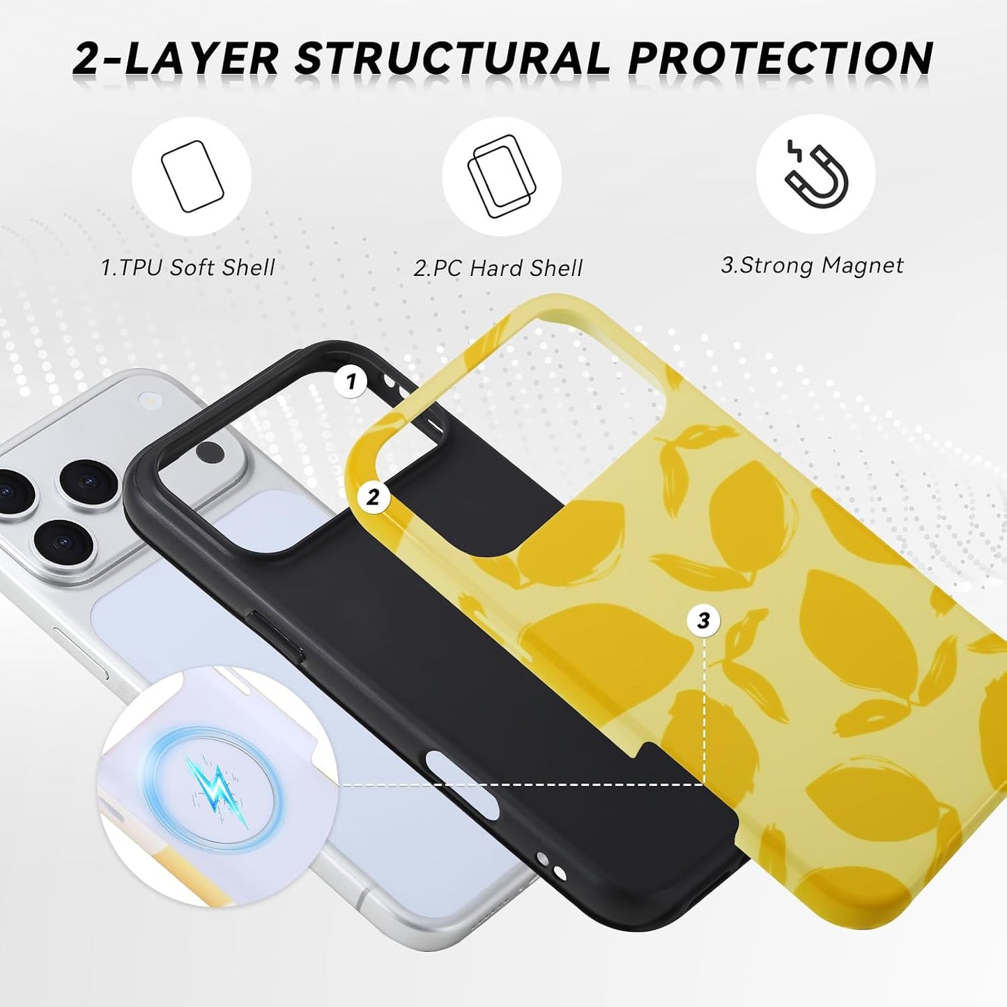 for iPhone 17 Pro Case - Wireless Charging for MagSafe, Outer Hard PC Shell + Inner Soft TPU Shell 2-Layer Protective Shockproof Cover, Lemon Pattern,Women’s Friendly‌