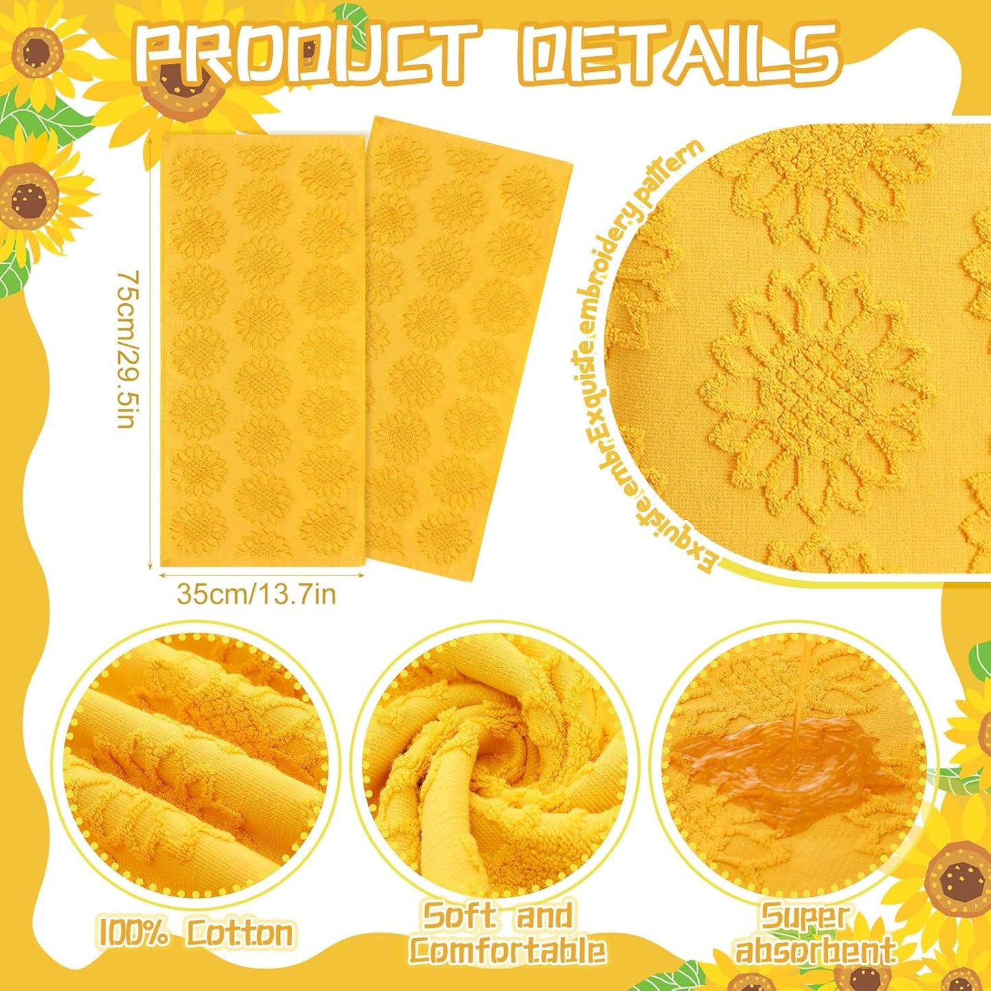 2 Pcs Sunflower Hand Towels for Bathroom 100% Cotton Jacquard Weave Bath Towel Set Soft Absorbent Dish Washcloth for Bathroom Kitchen Summer Theme Gifts 13.8 x 29.5 Inch (Yellow)