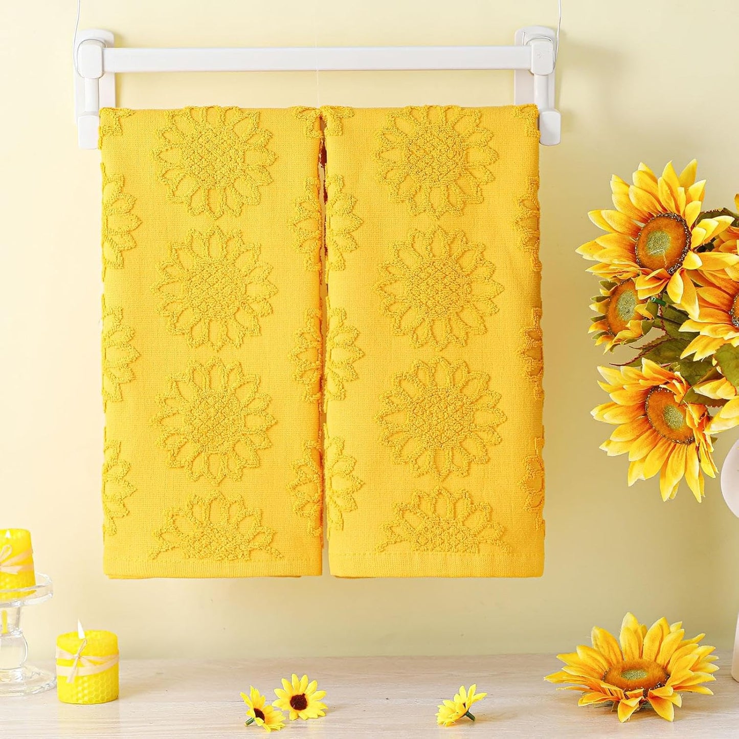 2 Pcs Sunflower Hand Towels for Bathroom 100% Cotton Jacquard Weave Bath Towel Set Soft Absorbent Dish Washcloth for Bathroom Kitchen Summer Theme Gifts 13.8 x 29.5 Inch (Yellow)