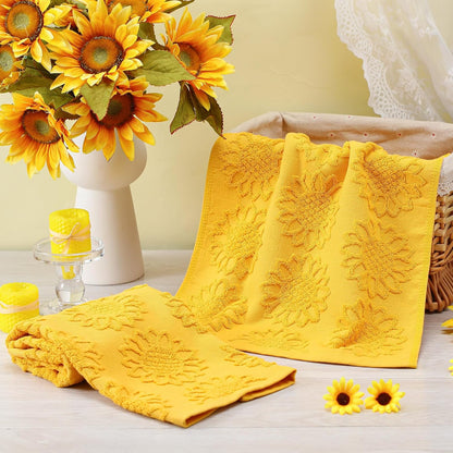 2 Pcs Sunflower Hand Towels for Bathroom 100% Cotton Jacquard Weave Bath Towel Set Soft Absorbent Dish Washcloth for Bathroom Kitchen Summer Theme Gifts 13.8 x 29.5 Inch (Yellow)