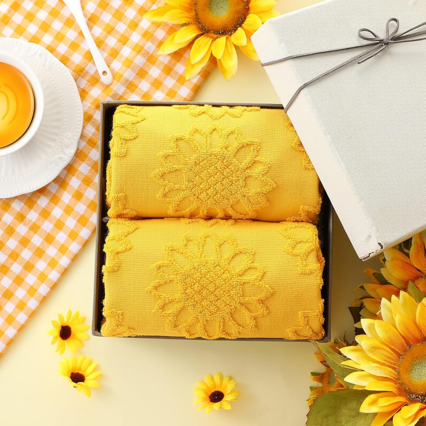 2 Pcs Sunflower Hand Towels for Bathroom 100% Cotton Jacquard Weave Bath Towel Set Soft Absorbent Dish Washcloth for Bathroom Kitchen Summer Theme Gifts 13.8 x 29.5 Inch (Yellow)
