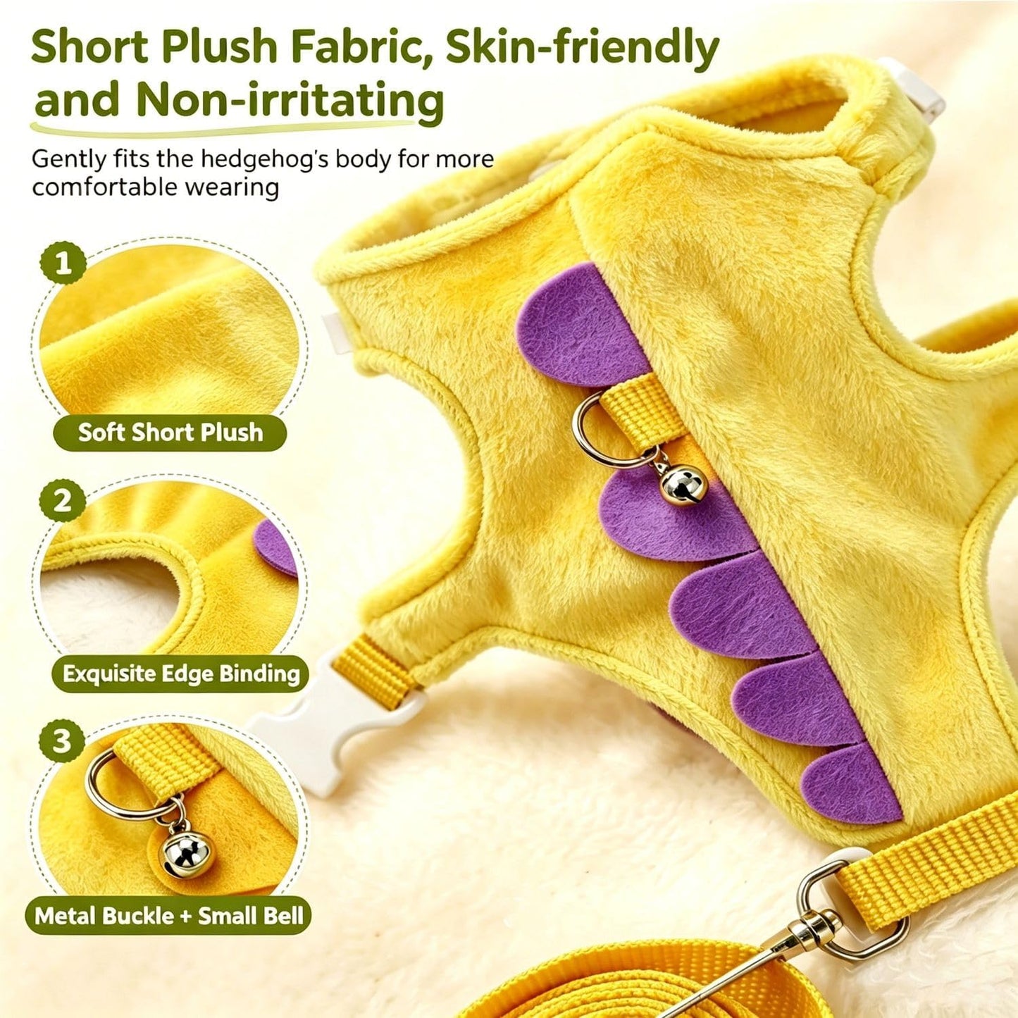 Hedgehog Small Pet Harness with Leash & Safety Bell, Adjustable Soft Escape Proof Vest Harness for Hedgehog, Baby Rabbit, Teacup Chihuahua and Tiny Animals -Yellow