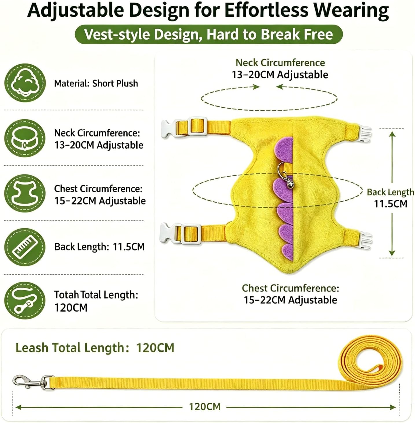 Hedgehog Small Pet Harness with Leash & Safety Bell, Adjustable Soft Escape Proof Vest Harness for Hedgehog, Baby Rabbit, Teacup Chihuahua and Tiny Animals -Yellow