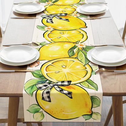 Spring Summer Lemon Dining Table Runner, Yellow Citrus Fruit Plaid Bow Burlap Kitchen Decoration, Farmhouse Indoor Outdoor Home Decor Party Supply 13 x 72 Inches