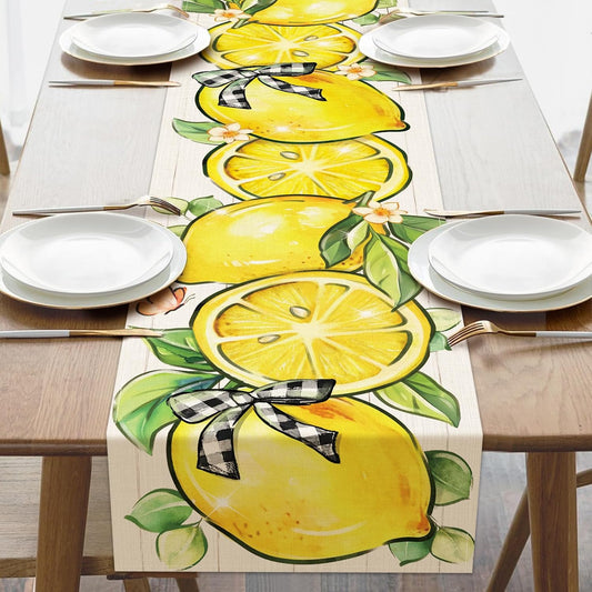 Spring Summer Lemon Dining Table Runner, Yellow Citrus Fruit Plaid Bow Burlap Kitchen Decoration, Farmhouse Indoor Outdoor Home Decor Party Supply 13 x 72 Inches