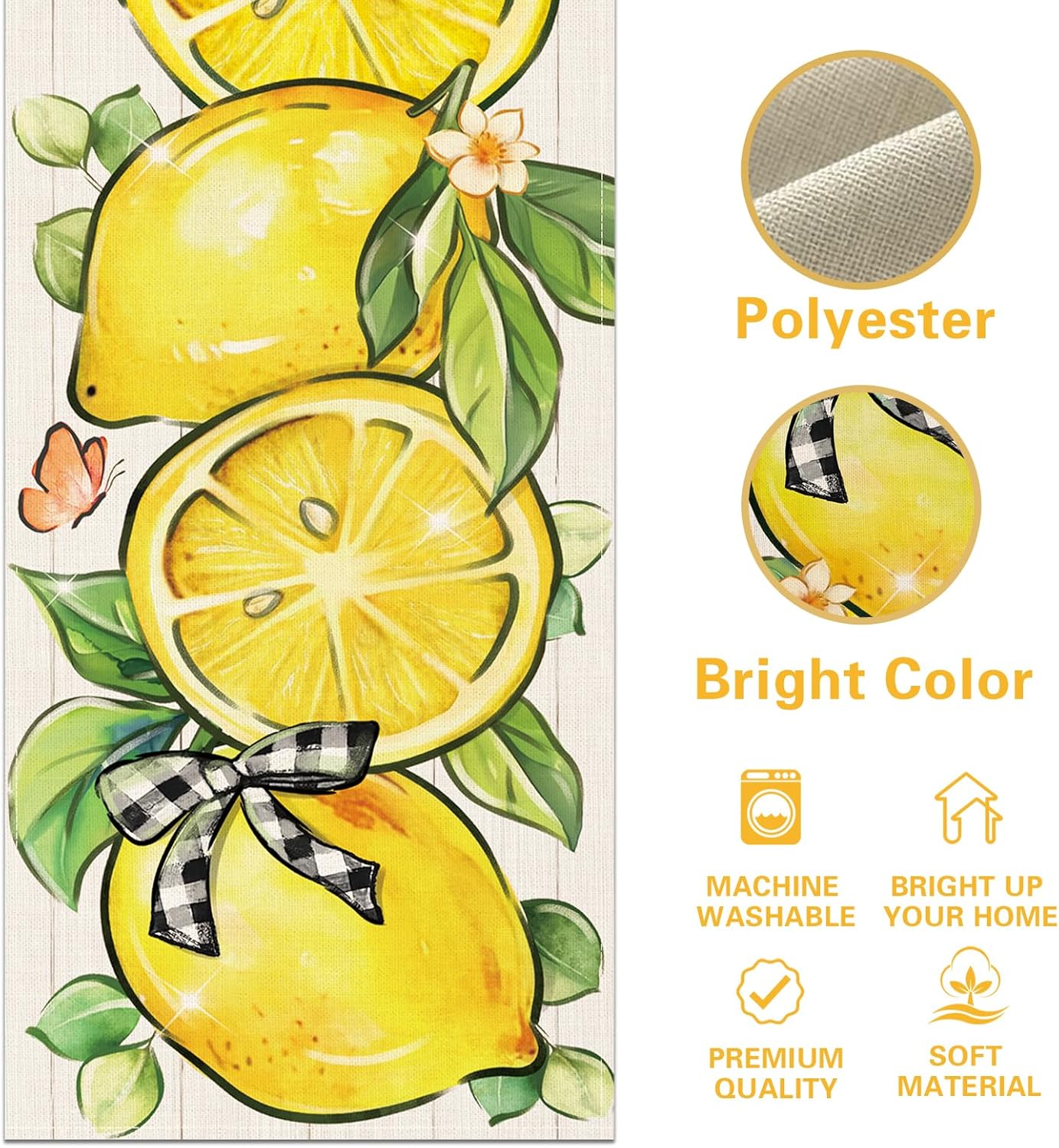 Spring Summer Lemon Dining Table Runner, Yellow Citrus Fruit Plaid Bow Burlap Kitchen Decoration, Farmhouse Indoor Outdoor Home Decor Party Supply 13 x 72 Inches