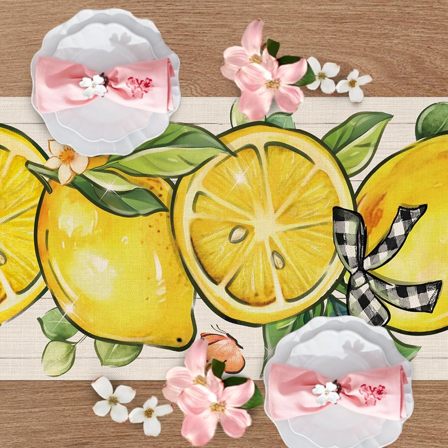 Spring Summer Lemon Dining Table Runner, Yellow Citrus Fruit Plaid Bow Burlap Kitchen Decoration, Farmhouse Indoor Outdoor Home Decor Party Supply 13 x 72 Inches