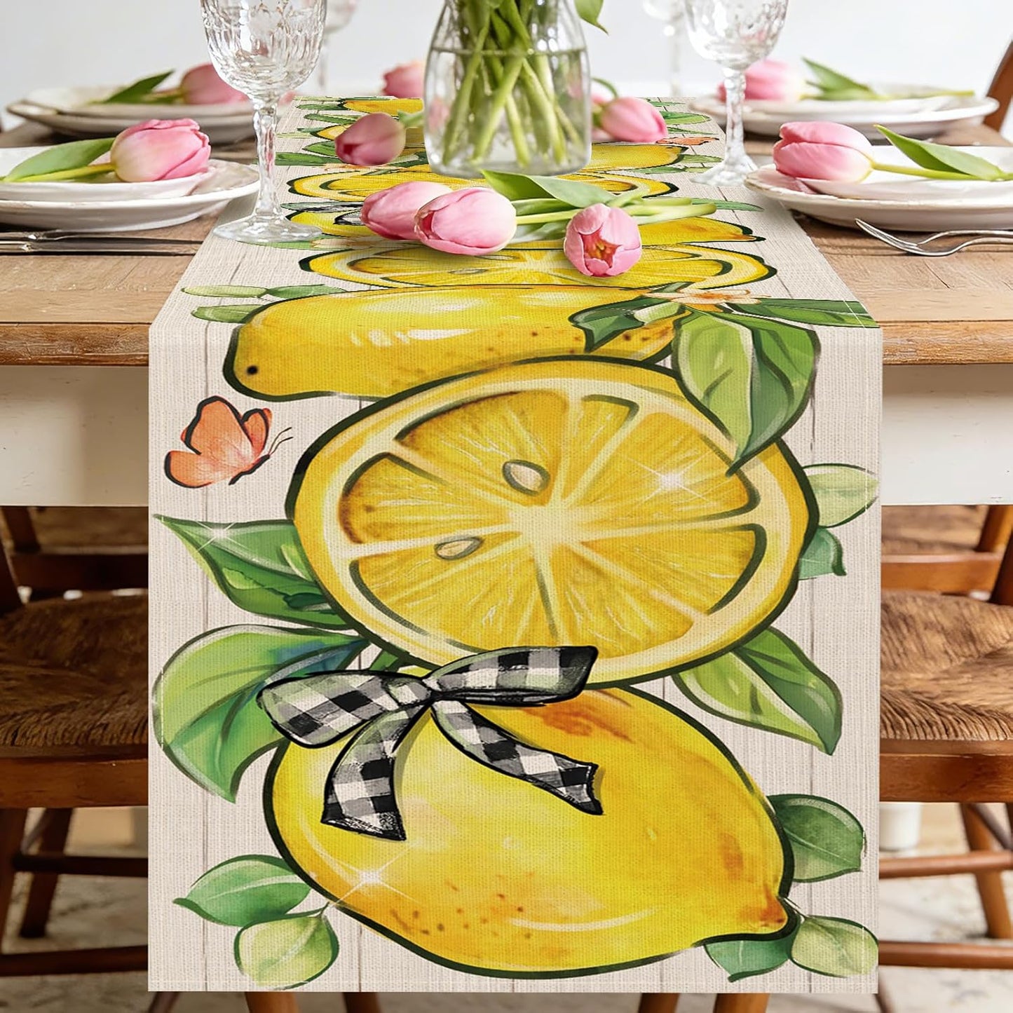 Spring Summer Lemon Dining Table Runner, Yellow Citrus Fruit Plaid Bow Burlap Kitchen Decoration, Farmhouse Indoor Outdoor Home Decor Party Supply 13 x 72 Inches