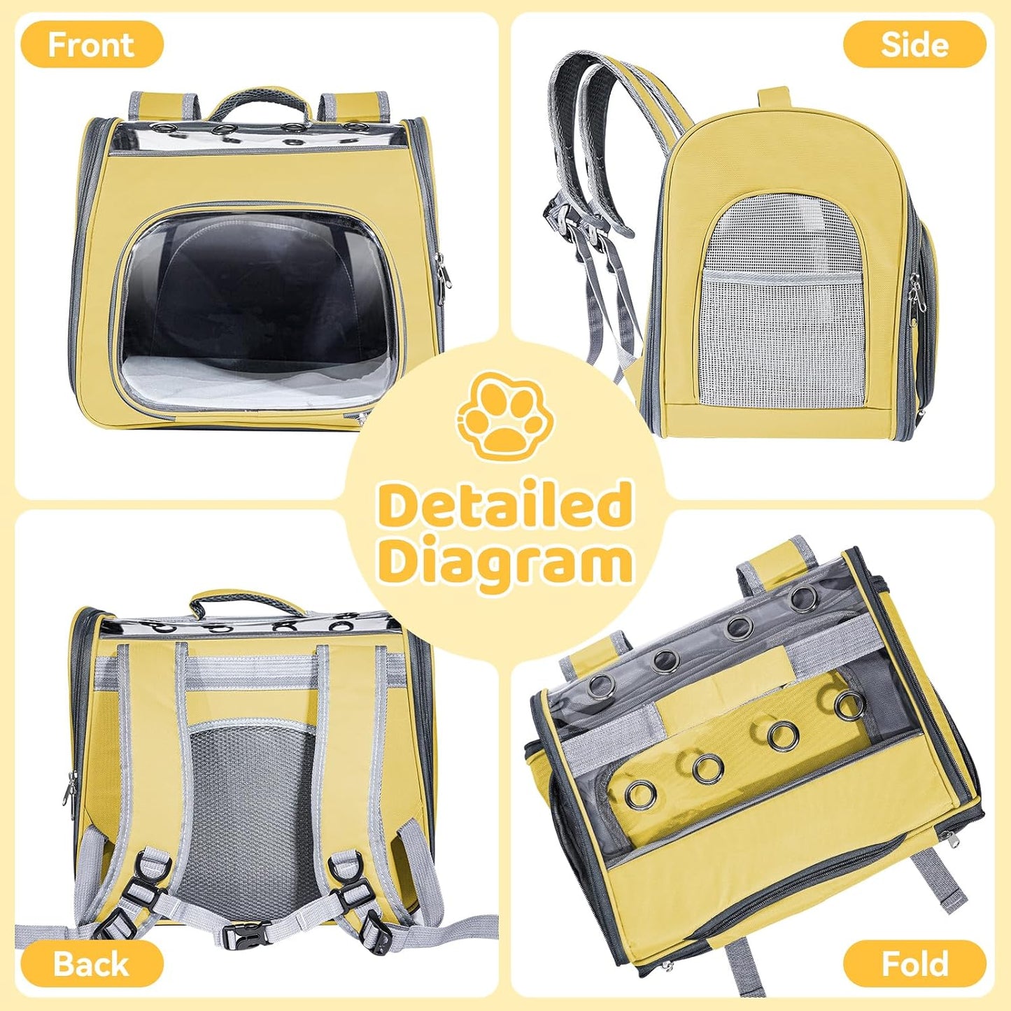 Airline Approved Cat Soft-Sided Carrier Backpack, Airport-Friendly Breathable Mesh Foldable Pet Travel Carrier with Reinforced Support, Portable Puppy Carrying for Kitty Up to 12 lbs (Yellow)