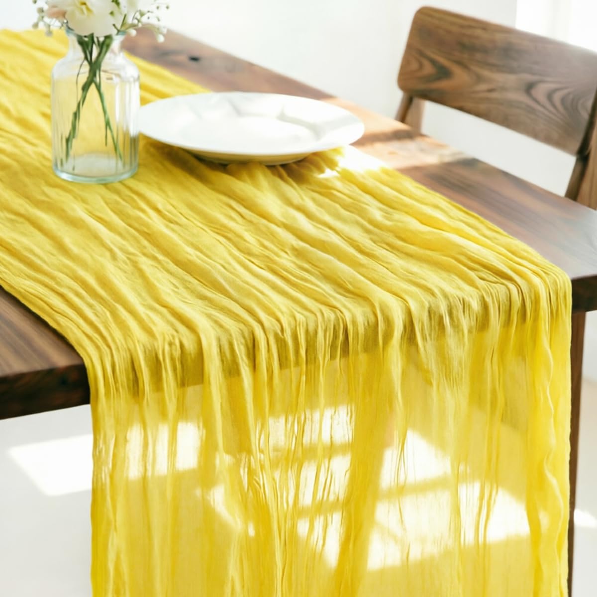 Yellow Cheesecloth Table Runner 120 Inches 10Ft Gauze Summer Boho Table Runner for Wedding Tea Party Baby Shower Bridal Birthday Home Decoration