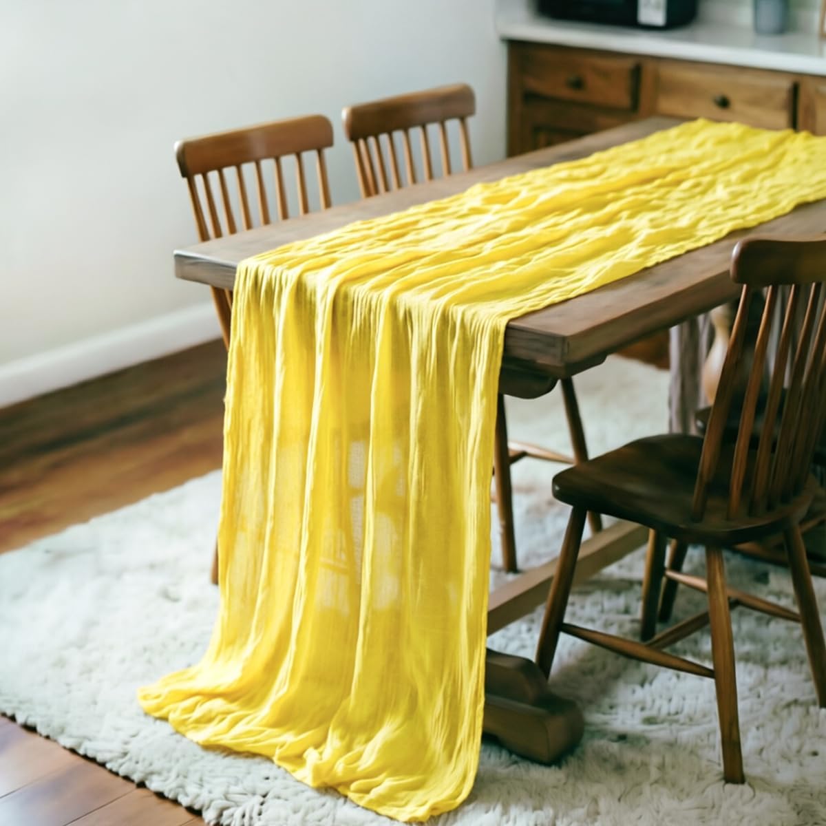 Yellow Cheesecloth Table Runner 120 Inches 10Ft Gauze Summer Boho Table Runner for Wedding Tea Party Baby Shower Bridal Birthday Home Decoration