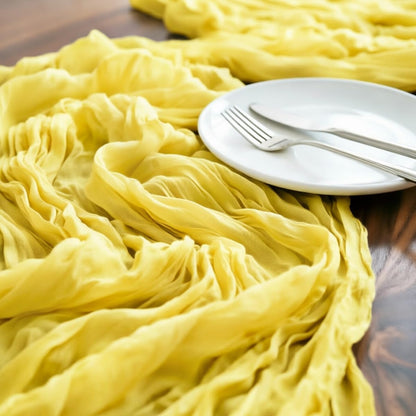 Yellow Cheesecloth Table Runner 120 Inches 10Ft Gauze Summer Boho Table Runner for Wedding Tea Party Baby Shower Bridal Birthday Home Decoration