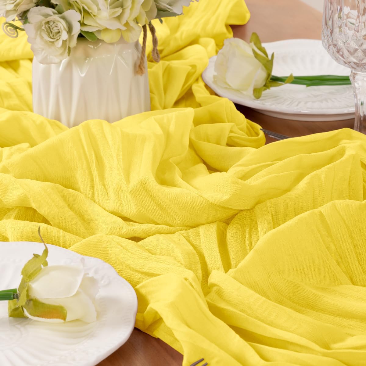 Yellow Cheesecloth Table Runner 120 Inches 10Ft Gauze Summer Boho Table Runner for Wedding Tea Party Baby Shower Bridal Birthday Home Decoration